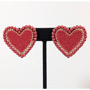 Red Beaded Heart Earrings Bold Statement‎ Gold Tone Valentines Love